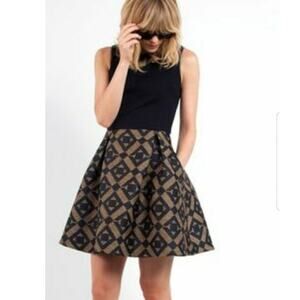 New Morgan Carper Kala Geo Mini Dress Black Size 0 $380 Jacquard Leather Trim